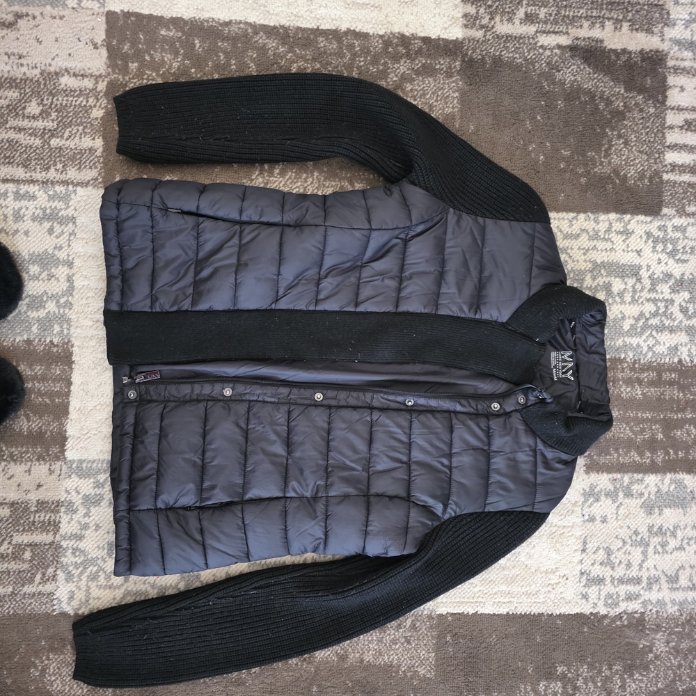 Black Puffer Jacket with Knit Sleeves